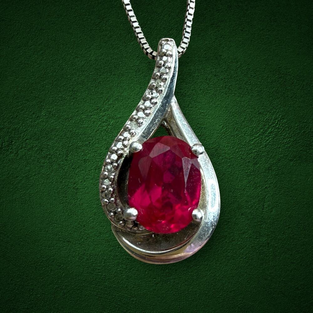 Sterling Silver 925 Ruby Red Gemstone Teardrop Pendant Necklace 18”